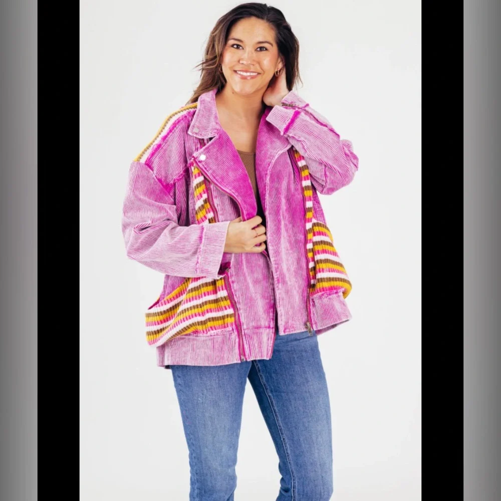 NEW POL Clothing Corduroy Moto Long Sleeve Jacket With Stripe Detail Plum Berry - Picture 4 of 5